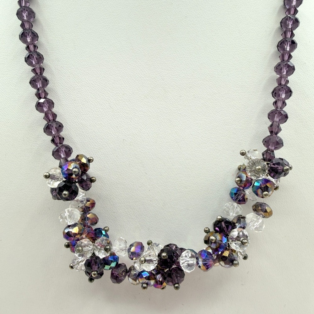 Vintage Purple Crystal Bib Necklace - Faceted Cluster Beads, Silver Tone